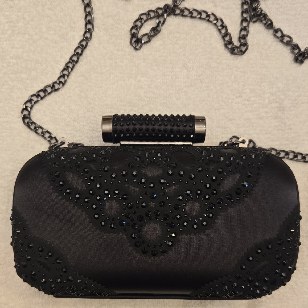 Badgley Mischka Black Crystal Embellished Evening Clutch Crossbody Bag